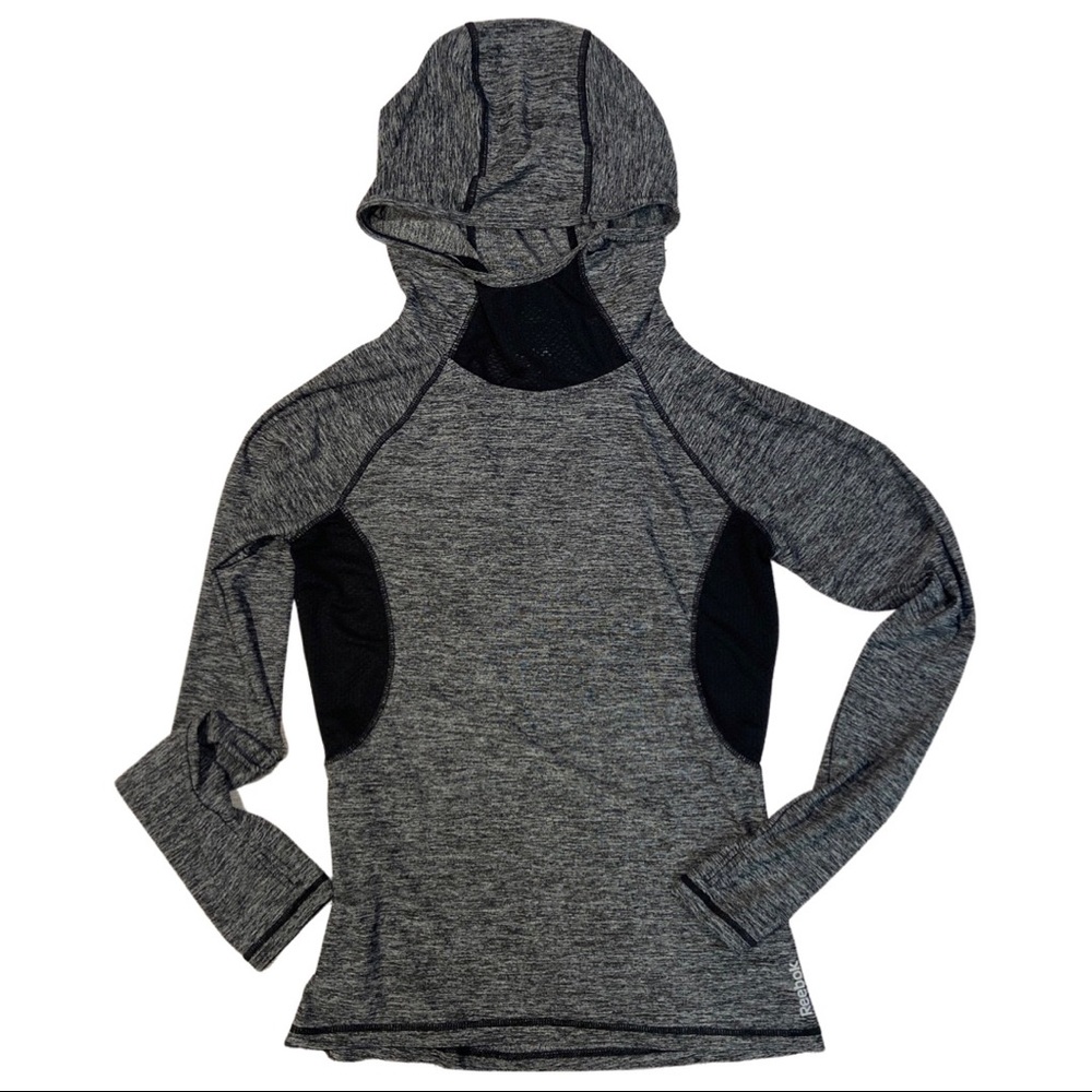 Reebok Athletic Hoodie Pullover Women’s Small Gray Black Mesh Vent Running Top